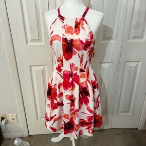 Vince Camuto Woman Size 8 Floral Midi Fit & Flare Dress Shades Of Pink On White